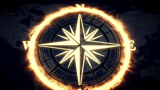 Vintage Style Compass Rose with Glowing Flames Around Edge on World Map