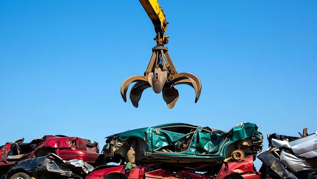 Car Recycling and Automotive Dismantling Crane Lifting Wrecked Vehicle for Scrap Metal Recovery in an Eco Friendly Way