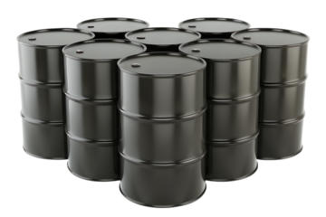Shiny metal oil barrels in a studio setting isolated on a transparent background