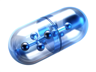 Transparent blue capsule with molecular structure isolated on a transparent background.PNG