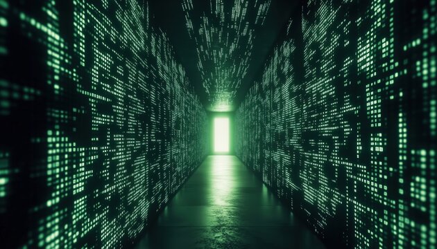 Glowing Green Code Creating Matrix-Like Tunnel In Dark Corridor, Illuminated By Mysterious Light At End. Enhanced Atmosphere Evokes Intrigue.