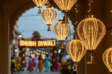 Celebrate Diwali with stunning traditional illuminated lanterns creating a warm festive glow, perfect for invitations or cultural events