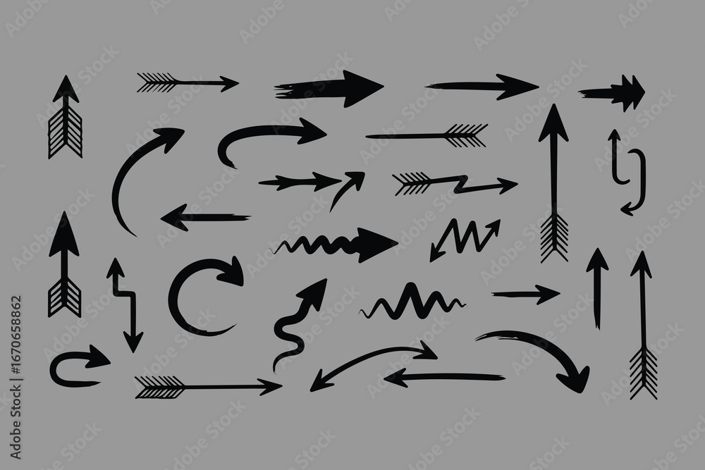 Poster collection of hand drawn arrows in various styles and directions on a solid gray background