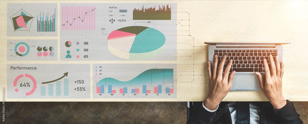 Aufkleber a businessman engages in data analysis at a modern workspace, using a laptop surrounded by vibrant g