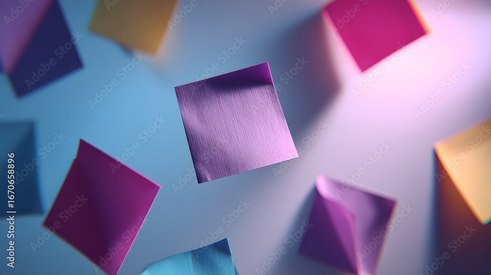 Poster colorful square sticky notes float in the air, various shades of vibrant hues against a light blue b