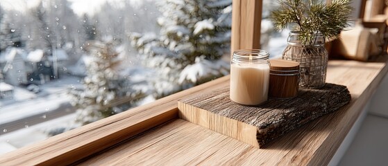 Obraz premium A warm and inviting winter atmosphere with glowing candles, decorative elements, and a scenic cabin view in the background
