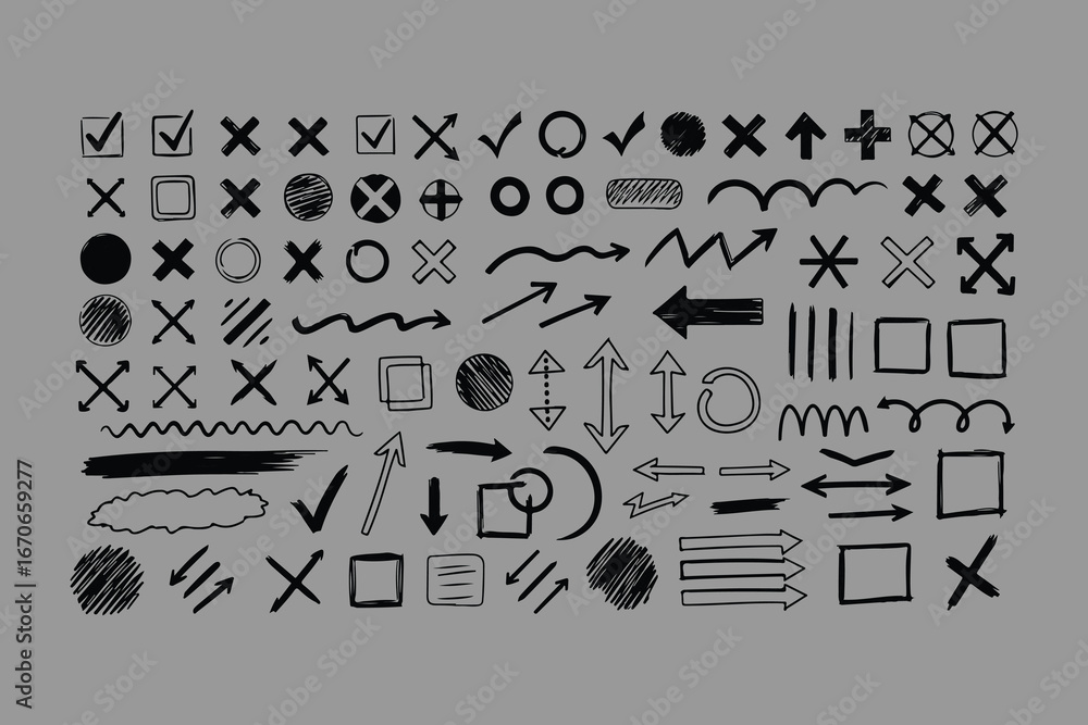 Poster collection of hand drawn doodle elements featuring arrows checkmarks circles squares and various abs