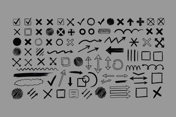 Collection of hand drawn doodle elements featuring arrows checkmarks circles squares and various abstract shapes for creative design projects