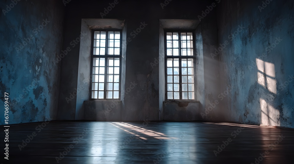 Poster sunlight streams through two large windows into a dimly lit, aged room, casting dramatic shadows on 
