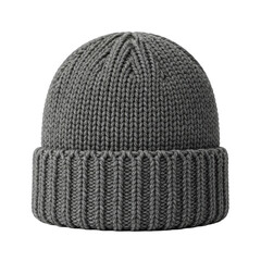 A single charcoal grey fisherman's beanie of coarse, thick knitted wool, neatly presented on a seamless transparent background with copy space, high-key studio shot, concept of winter fashion and