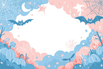 Blank Halloween Invitation Template with Cute Kawaii Elements – Pastel Blue and Coral Vector Design