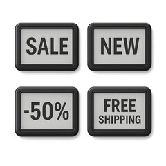 E-ink electronic shelf label 3D rendering promotion badge set of four on transparent background, grayscale ESL screens with SALE NEW 50% OFF and FREE SHIPPING for ecommerce UI UX minimalist design (1)