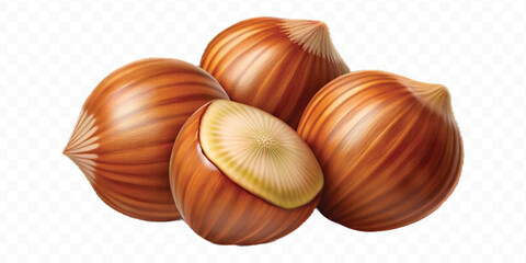 realistic 3d three hazelnuts with green leaves in different style isolated on transparent background