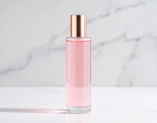 Elegant Pink Perfume Bottle with Rose Gold Cap on White Marble Surface Luxury Beauty Product
