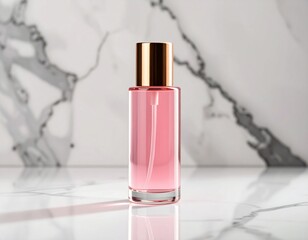 Elegant Pink Perfume Bottle with Gold Cap on White Marble Background Luxury Cosmetics