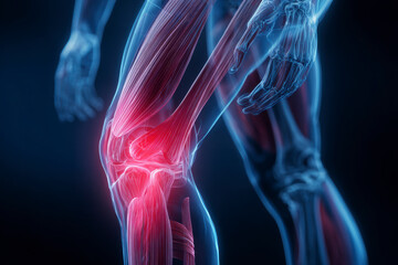 Knee pain: Anatomical illustration showing skeletal structure, muscles, and joint inflammation in the knee.