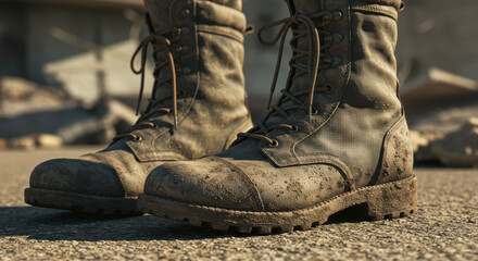 Close-up of weathered military combat boots with detailed texture and durable construction.