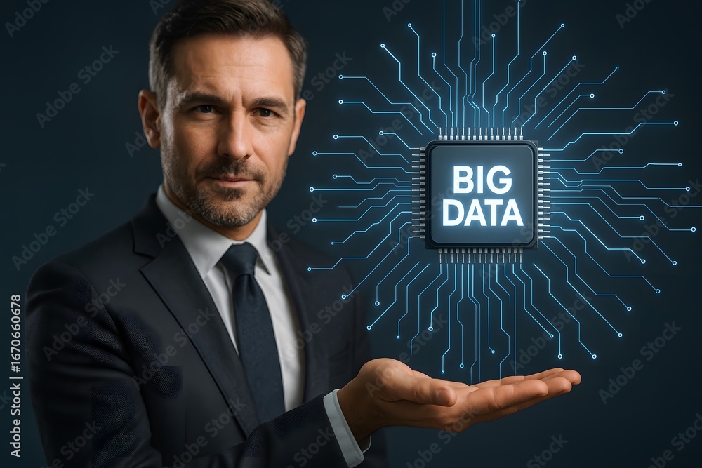Poster a person holding a microchip labeled big data, representing data analysis and technology.