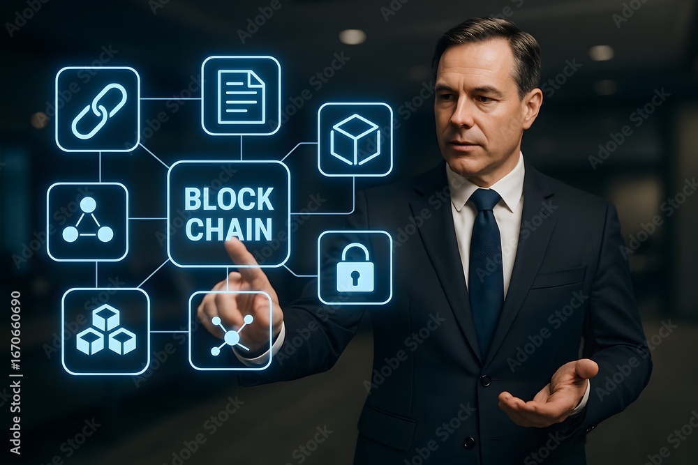 Poster a businessman interacting with a blockchain interface.