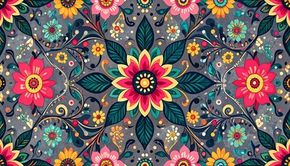 A vibrant floral pattern, featuring large, bold flowers in shades of pink, red, yellow, and teal, intricately arranged on a textured gray background with decorative leaf and scrollwork accents.