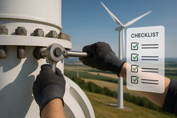 A worker tightening bolts on a wind turbine with a checklist for quality control. 
