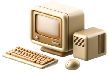 Vintage beige computer monitor keyboard and mouse isolated on a transparent background