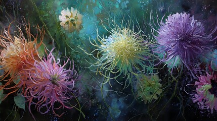 Abstract floral arrangement with vibrant colors and textured details creates a dreamlike visual effect