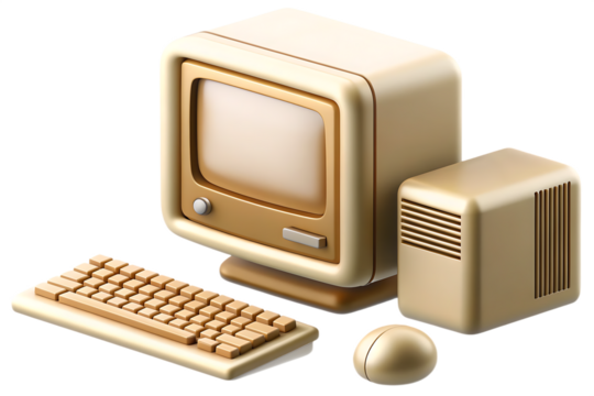 Vintage beige computer monitor keyboard and mouse isolated on a transparent background