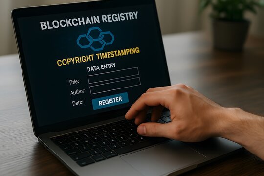 Close up view of a hand working on a laptop, with the screen displaying a data entry form with a blockchain registry concept. - Powered by Adobe