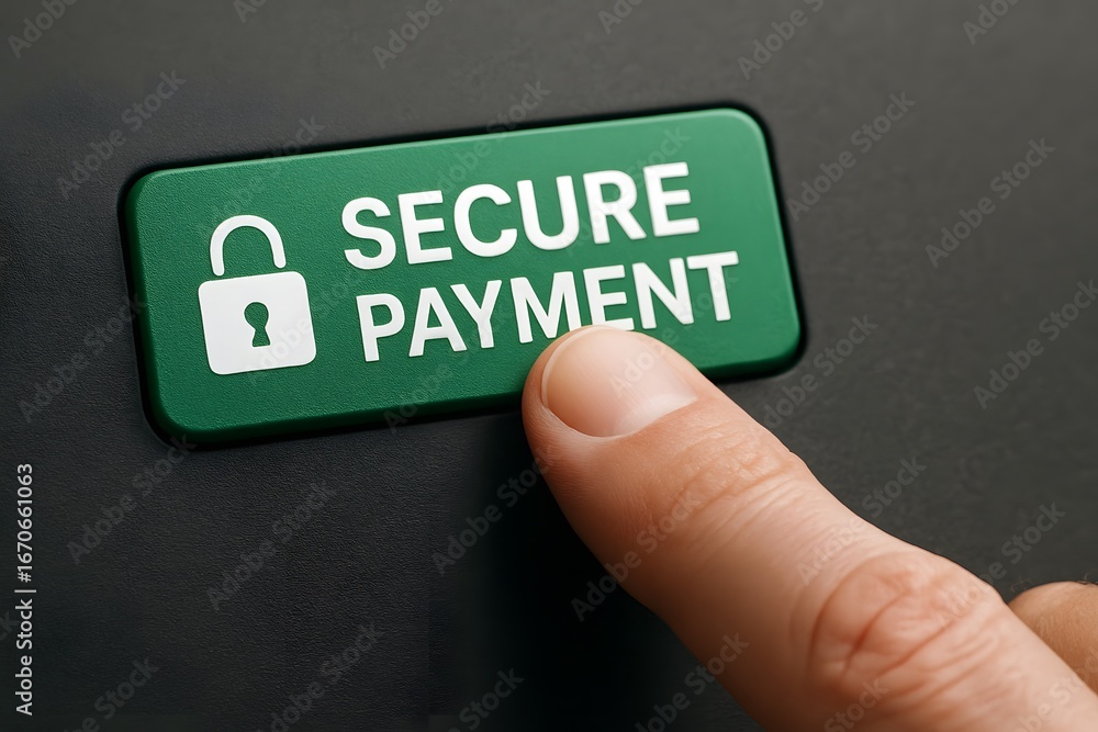 Poster close-up of a finger pressing a secure payment button.