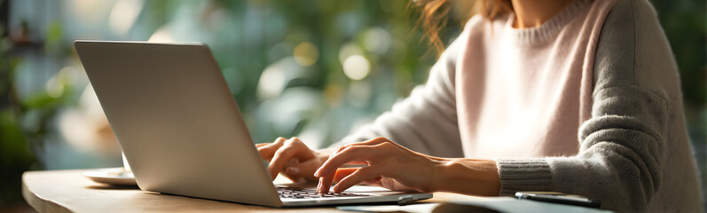 Obraz premium Young woman working with a laptop. Female freelancerconnecting to internet viacomputer. Businesswoman atwork