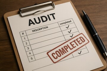 Audit document on a clipboard, signifying completion. 