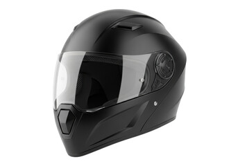 Obsidian black, sleek futuristic helmet with clear retractable visor, composite shell texture, isolated on brilliant white background with copy space. Concept of high-tech personal safety