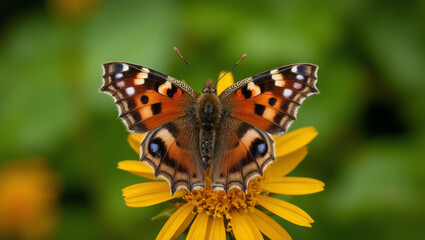 Obraz premium Macro close-up of a vibrant butterfly with wings fully open, displaying striking patterns and vivid colors, captured in high resolution with natural lighting against a green background.