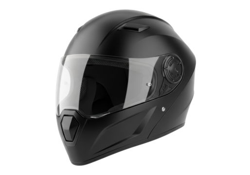 Obsidian black, sleek futuristic helmet with clear retractable visor, composite shell texture, isolated on brilliant white background with copy space. Concept of high-tech personal safety