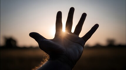 A hand reaches towards the setting sun, bathed in golden light, highlighting a hopeful and reflective moment in the golden hour.
