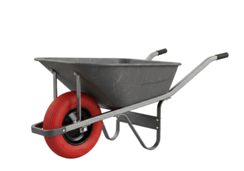A rugged, utilitarian wheelbarrow with deep charcoal-grey steel basin, raw steel frame, red industrial tire, on transparent studio background with sharp shadows, concept of industrial durability
