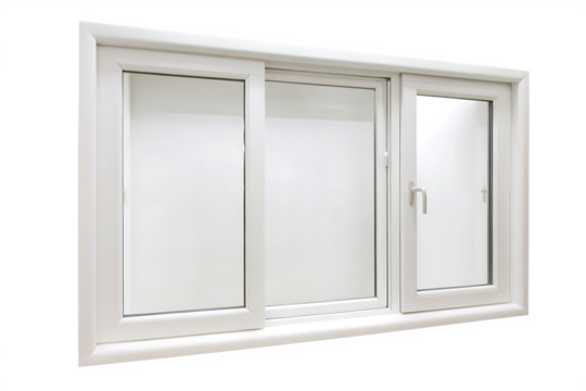 White three pane sliding vinyl window with square handle isolated on a transparent background