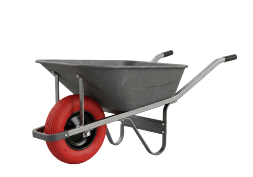 A rugged, utilitarian wheelbarrow with deep charcoal-grey steel basin, raw steel frame, red industrial tire, on transparent studio background with sharp shadows, concept of industrial durability