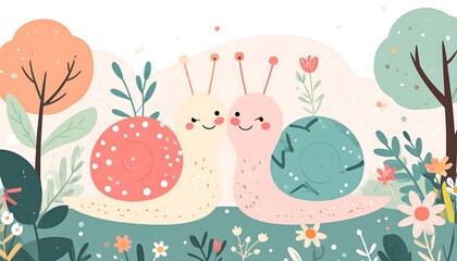 Two cheerful snails, adorned with floral accents, traverse a lush spring meadow, radiating a happy and serene mood.