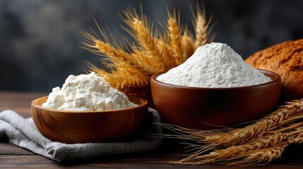 A wooden bowl filled with fine wheat flour sits next to golden wheat stalks on textured dark fabric, showcasing natural ingredients