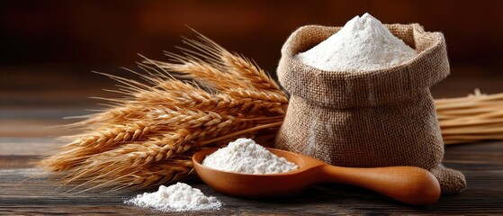 A wooden bowl filled with fine wheat flour sits next to golden wheat stalks on textured dark fabric, showcasing natural ingredients