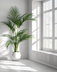 Green palm plant in white minimalist interior