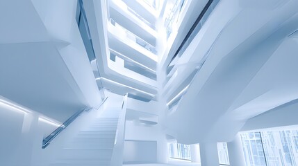 Obraz premium A modern, light-filled architectural interior with sweeping staircases and layered levels.