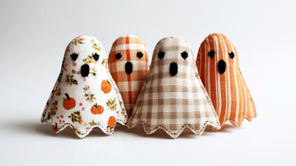 Four small handmade ghosts made of fabric on a light background. Handmade, rustic style. Charmingly creepy Halloween decoration. AI generated.