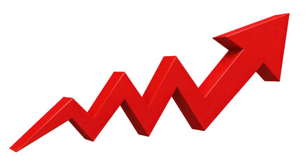 Bold red arrow chart showing upward trend and growth isolated on transparent background