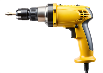 Yellow electric power drill with metal chuck isolated on a transparent background