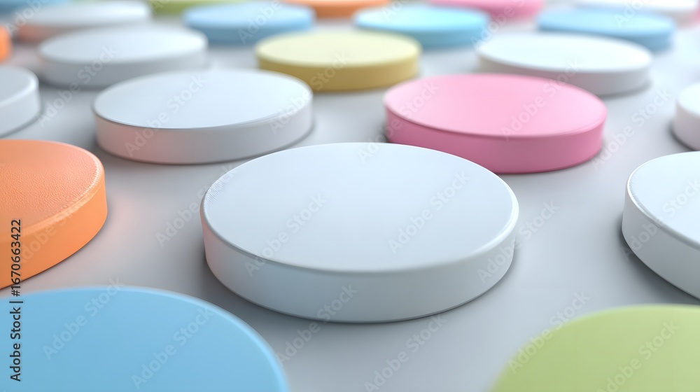 Poster a close-up view of various colorful, round, and glossy objects arranged in a repeating pattern again