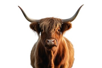 Closeup portrait of a highland cow isolated on white background