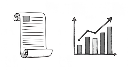 Stylized black and white bar graph with upward trend line isolated on transparent background